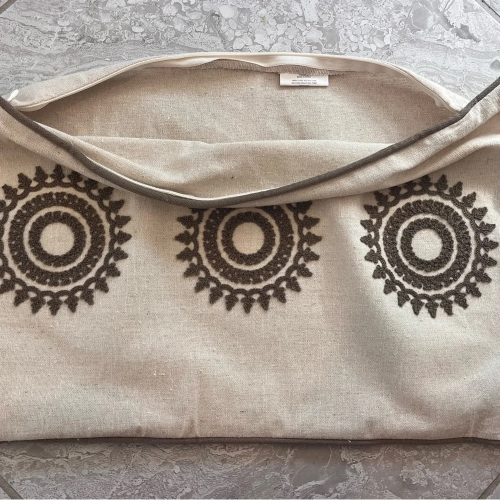 Linen Pillow Cover with Embroidered Brown Circular Patterns, 12” x 20”